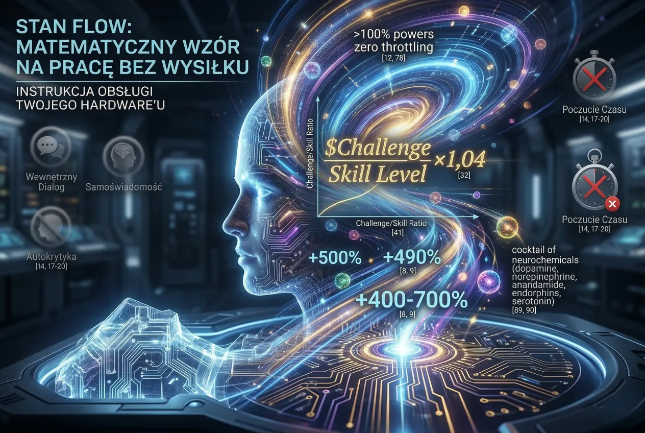 Matematyczny wzór na stan flow. Zobacz, jak wyłączenie autokrytyki i poczucia czasu pozwala wejść w tryb God Mode i podnieść wydajność o 500%. Instrukcja obsługi Twojego hardware'u.