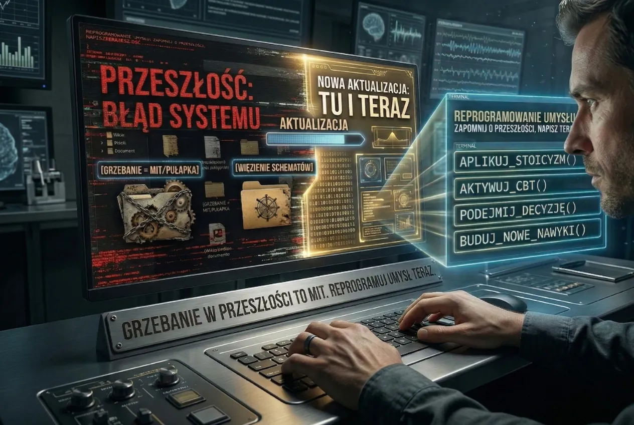 Przestań grzebać w przeszłości i analizować stare traumy. Poznaj naukowe mechanizmy neuroplastyczności, stoicyzm i techniki CBT, które pozwolą Ci reprogramować podświadome schematy. Zaktualizuj swój system i zacznij realną zmianę tu i teraz.